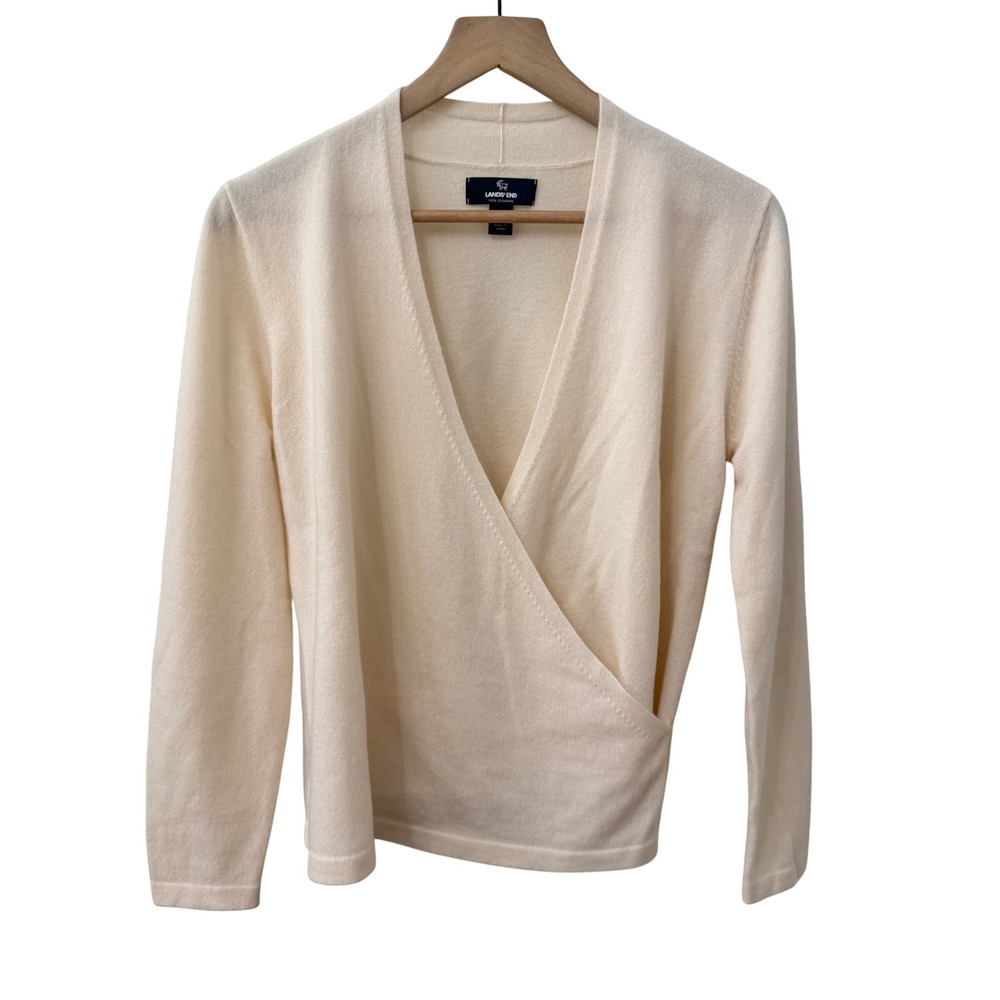 Lands' End Wrap Sweater Small Cream 100% Cashmere V-Neck Long Sleeve